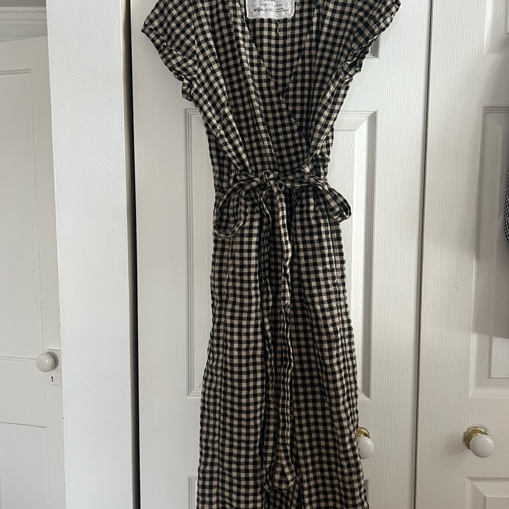 NotPERFECTlinen Torino wide-leg wrap jumpsuit in mid sand gingham, size M/L - Picture 1 of 2